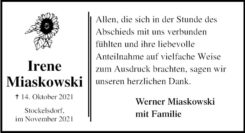  Traueranzeige für Irene Miaskowski vom 28.11.2021 aus Lübecker Nachrichten