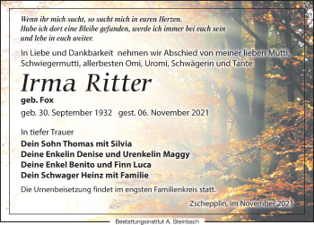 Traueranzeige von Irma Ritter von Leipziger Volkszeitung