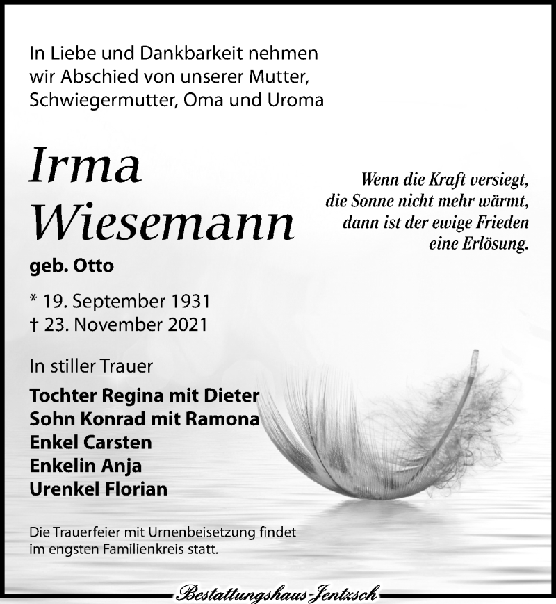  Traueranzeige für Irma Wiesemann vom 27.11.2021 aus Leipziger Volkszeitung