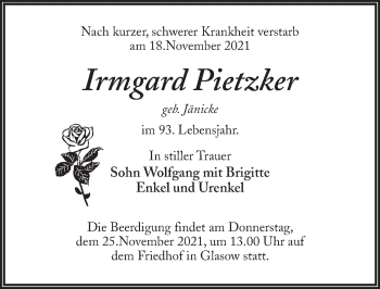 Traueranzeige von Irmgard Pietzker von Märkischen Allgemeine Zeitung