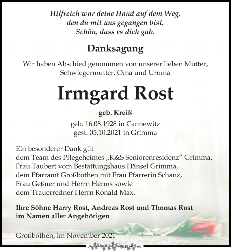  Traueranzeige für Irmgard Rost vom 27.11.2021 aus Leipziger Volkszeitung