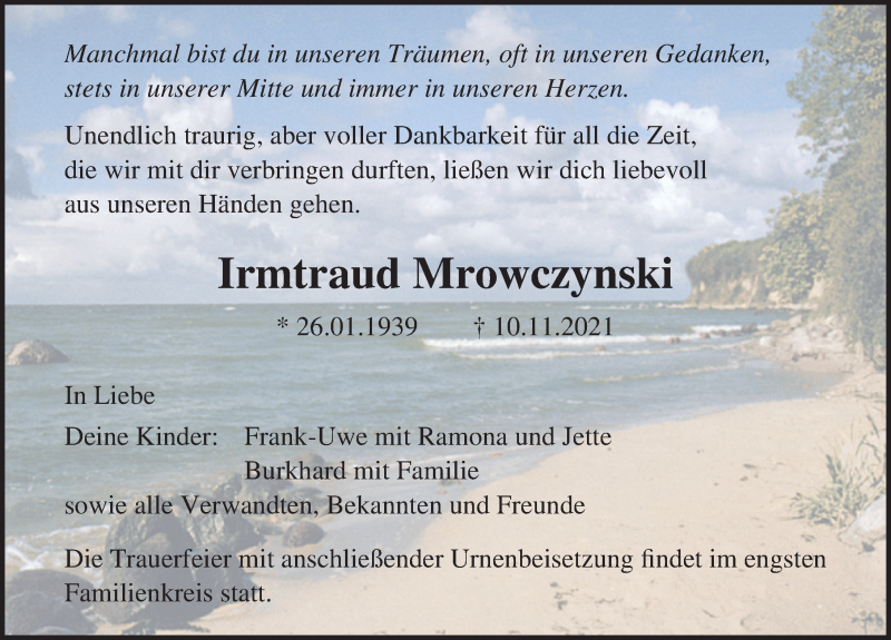  Traueranzeige für Irmtraud Mrowczynski vom 13.11.2021 aus Ostsee-Zeitung GmbH
