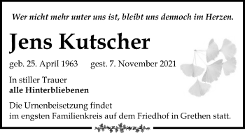 Traueranzeige von Jens Kutscher von Leipziger Volkszeitung