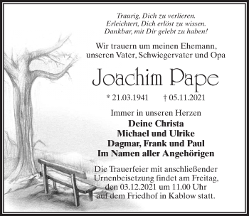 Traueranzeige von Joachim Pape