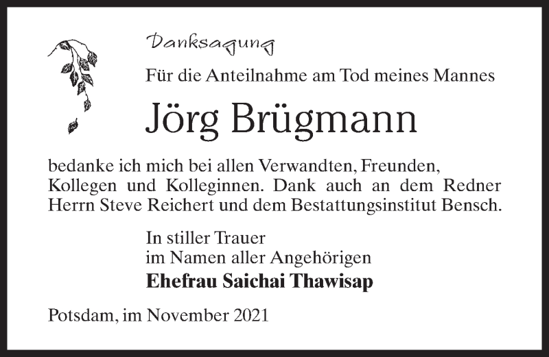  Traueranzeige für Jörg Brügmann vom 13.11.2021 aus Märkischen Allgemeine Zeitung