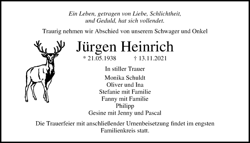  Traueranzeige für Jürgen Heinrich vom 20.11.2021 aus Ostsee-Zeitung GmbH