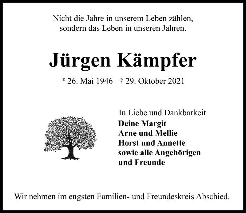  Traueranzeige für Jürgen Kämpfer vom 06.11.2021 aus Kieler Nachrichten