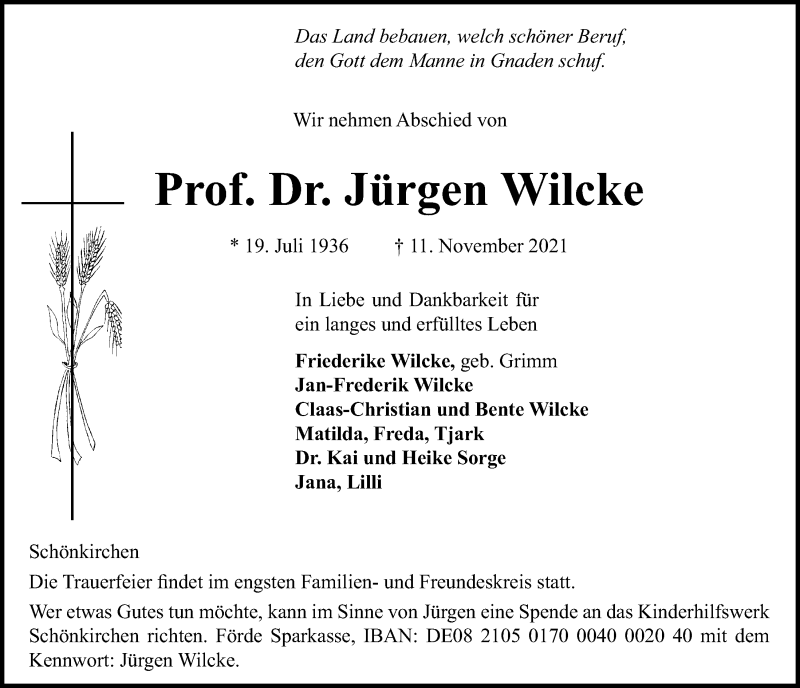  Traueranzeige für Jürgen Wilcke vom 20.11.2021 aus Kieler Nachrichten