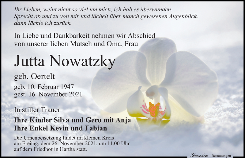  Traueranzeige für Jutta Nowatzky vom 20.11.2021 aus Leipziger Volkszeitung