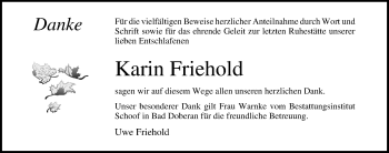 Traueranzeige von Karin Friehold von Ostsee-Zeitung GmbH