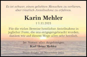 Traueranzeige von Karin Mehler von Peiner Allgemeine Zeitung