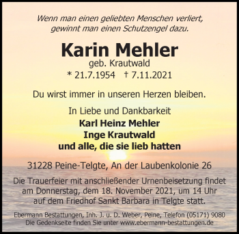 Traueranzeige von Karin Mehler von Peiner Allgemeine Zeitung