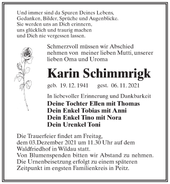 Traueranzeige von Karin Schimmrigk von Märkischen Allgemeine Zeitung