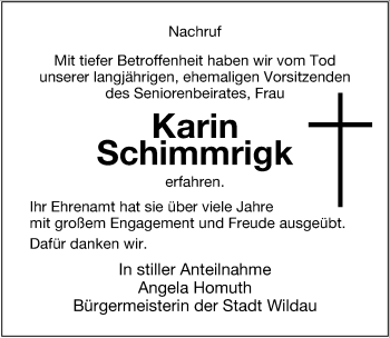 Traueranzeige von Karin Schimmrigk von Märkischen Allgemeine Zeitung