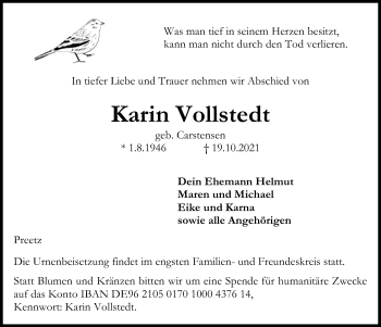 Traueranzeige von Karin Vollstedt von Kieler Nachrichten