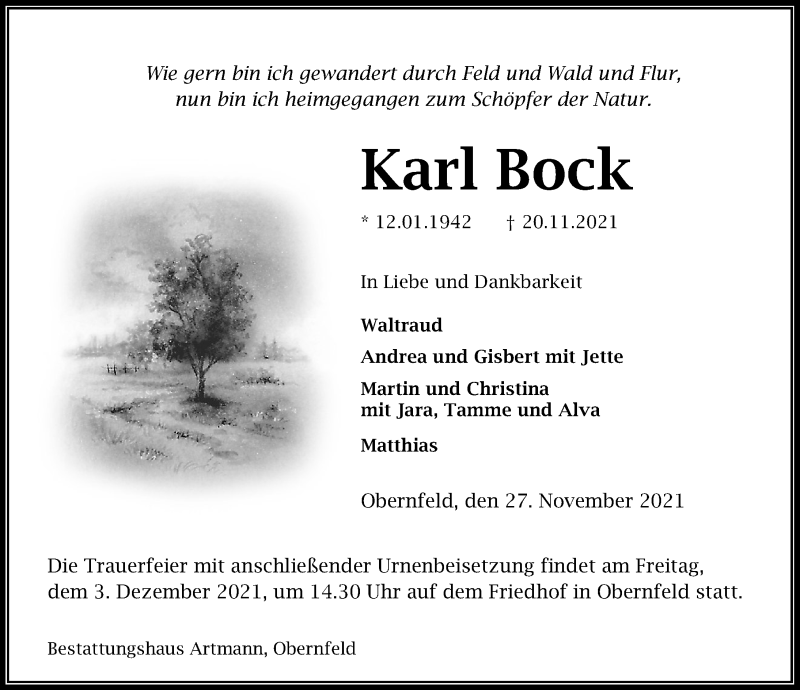 Traueranzeige für Karl Bock vom 27.11.2021 aus Eichsfelder Tageblatt