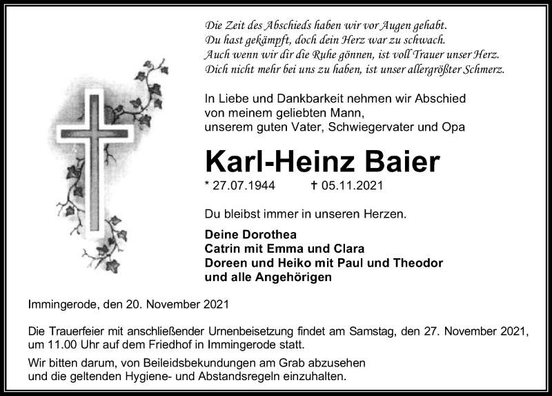  Traueranzeige für Karl-Heinz Baier vom 20.11.2021 aus Eichsfelder Tageblatt