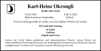 Traueranzeige von Karl-Heinz Okrongli von Lübecker Nachrichten