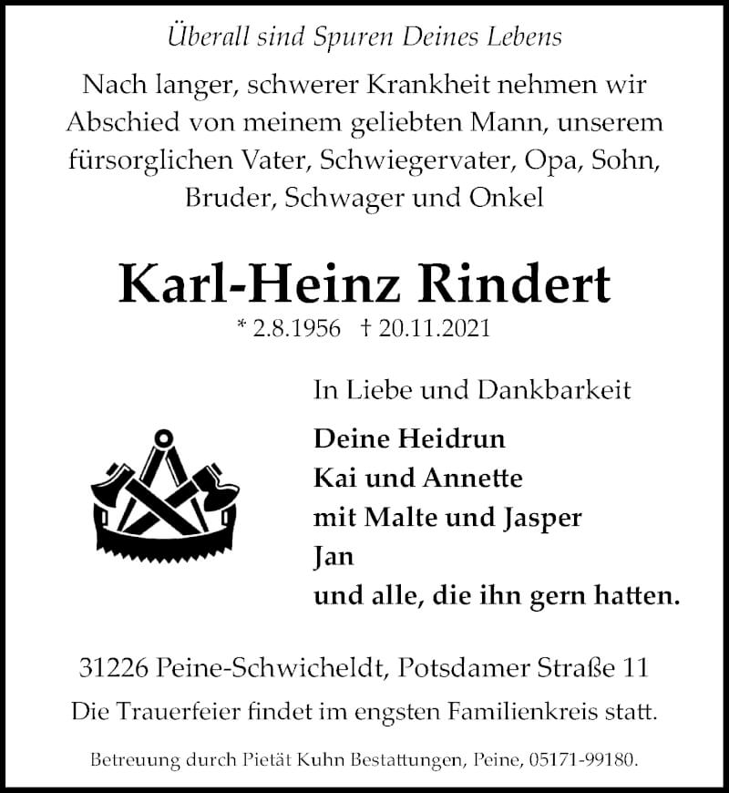  Traueranzeige für Karl-Heinz Rindert vom 27.11.2021 aus Peiner Allgemeine Zeitung