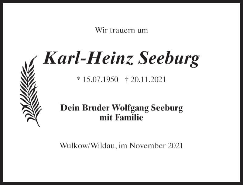  Traueranzeige für Karl-Heinz Seeburg vom 27.11.2021 aus Märkischen Allgemeine Zeitung