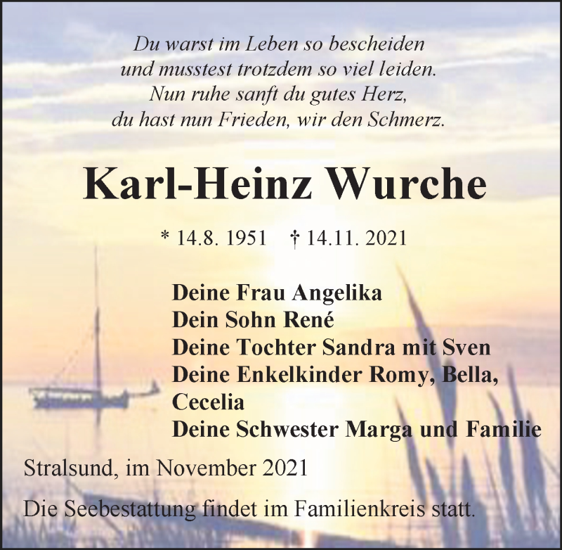  Traueranzeige für Karl-Heinz Wurche vom 20.11.2021 aus Ostsee-Zeitung GmbH