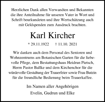 Traueranzeige von Karl Kircher von Ostsee-Zeitung GmbH