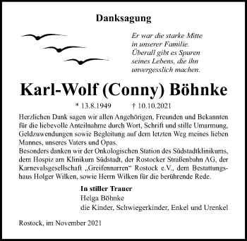 Traueranzeige von Karl-Wolf Böhnke von Ostsee-Zeitung GmbH