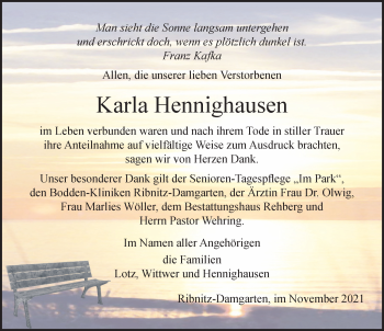 Traueranzeige von Karla Hennighausen von Ostsee-Zeitung GmbH