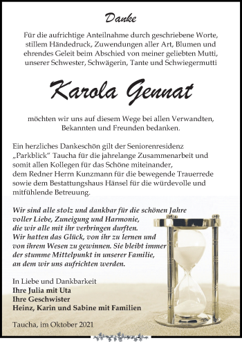 Traueranzeige von Karola Gennat von Leipziger Volkszeitung