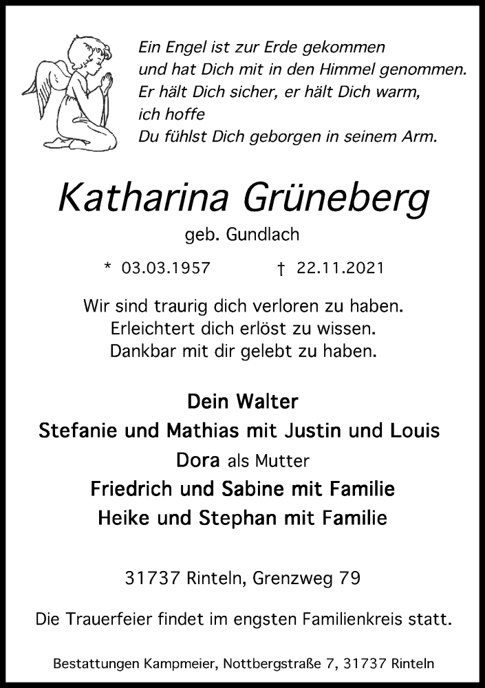  Traueranzeige für Katharina Grüneberg vom 27.11.2021 aus Schaumburger Nachrichten