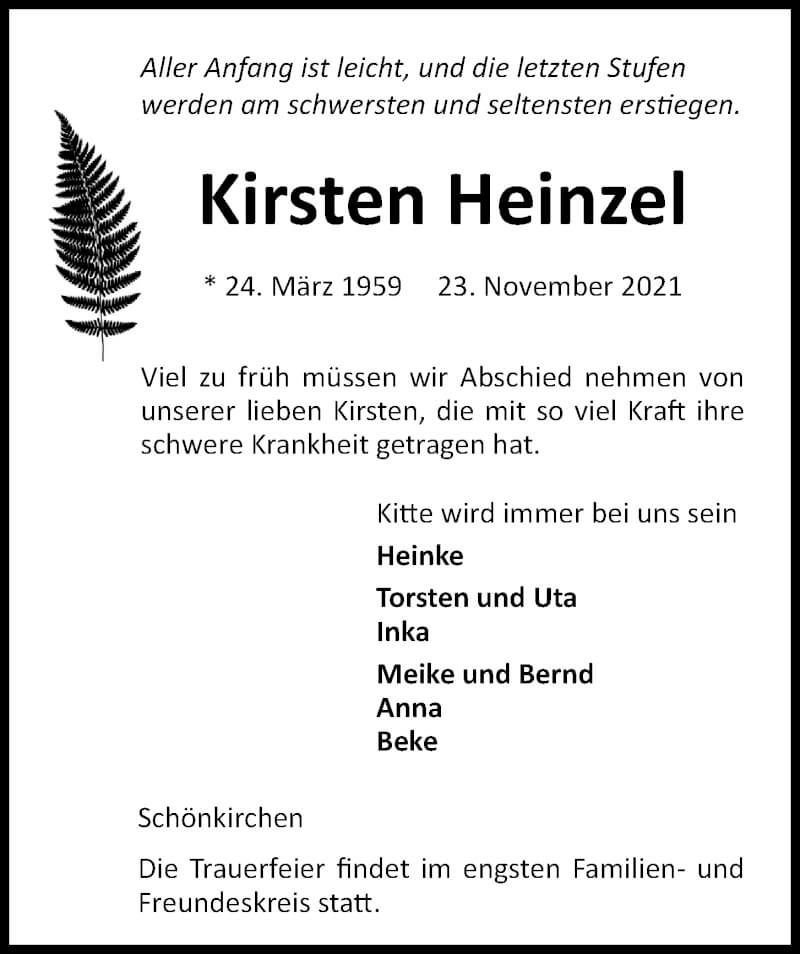  Traueranzeige für Kirsten Heinzel vom 27.11.2021 aus Kieler Nachrichten