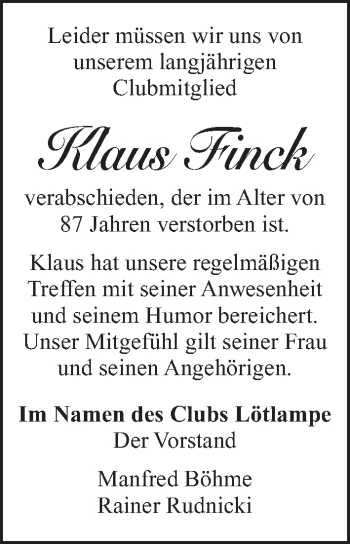 Traueranzeige von Klaus Finck von Kieler Nachrichten