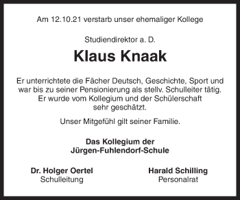 Traueranzeige von Klaus Knaak von Kieler Nachrichten