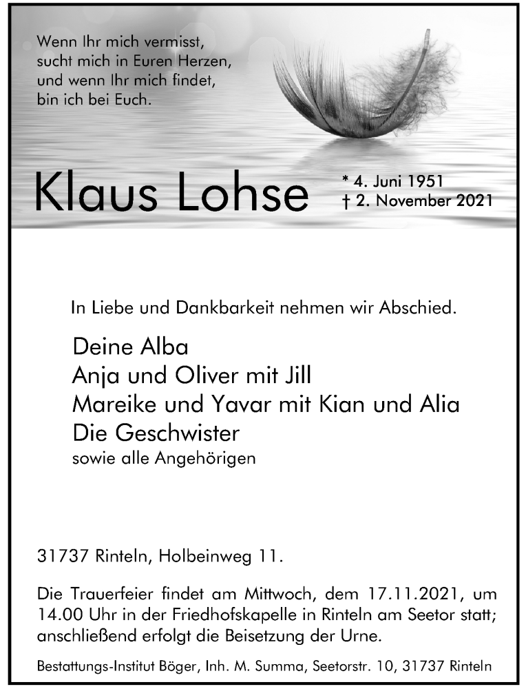 Traueranzeigen Von Klaus Lohse | Trauer-anzeigen.de