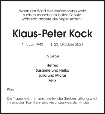 Traueranzeige von Klaus-Peter Kock von Kieler Nachrichten