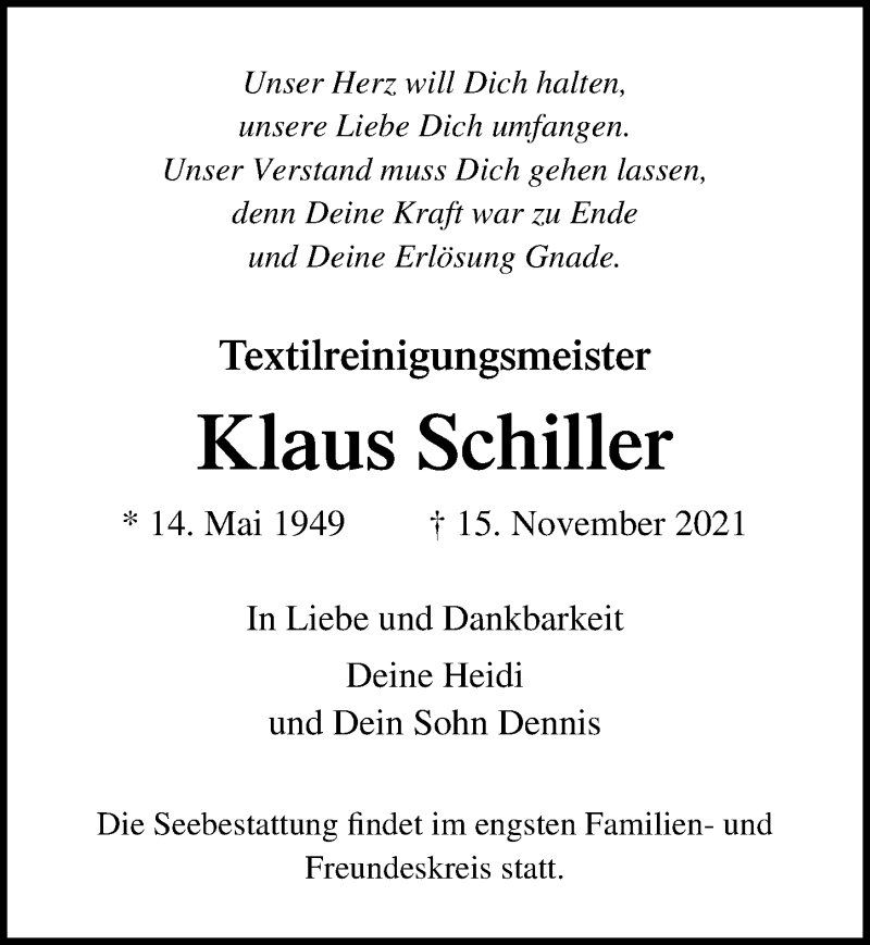  Traueranzeige für Klaus Schiller vom 21.11.2021 aus Lübecker Nachrichten