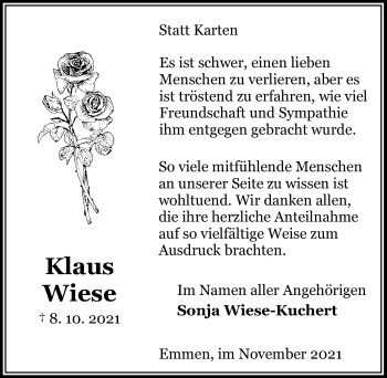 Traueranzeige von Klaus Wiese von Aller Zeitung