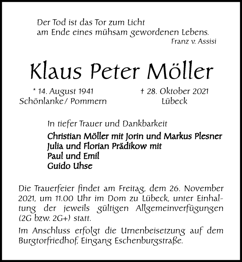  Traueranzeige für Klaus Peter Möller vom 21.11.2021 aus Lübecker Nachrichten