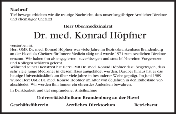 Traueranzeige von Konrad Höpfner von Märkischen Allgemeine Zeitung