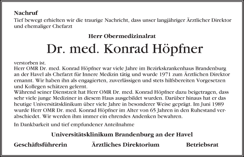  Traueranzeige für Konrad Höpfner vom 03.11.2021 aus Märkischen Allgemeine Zeitung