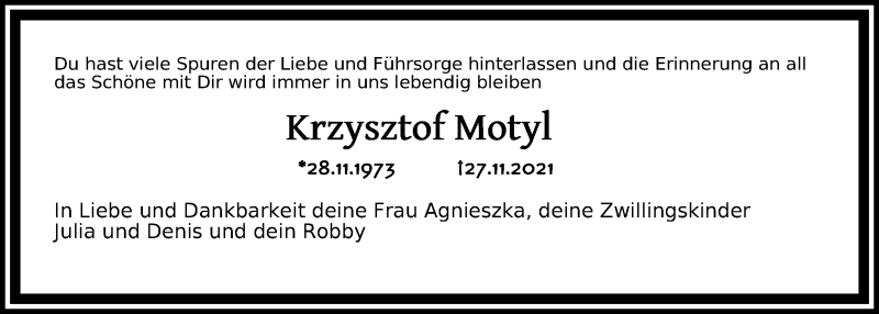  Traueranzeige für Krzysztof Motyl vom 30.11.2021 aus Kieler Nachrichten