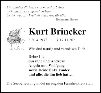 Traueranzeige von Kurt Brincker von Lübecker Nachrichten