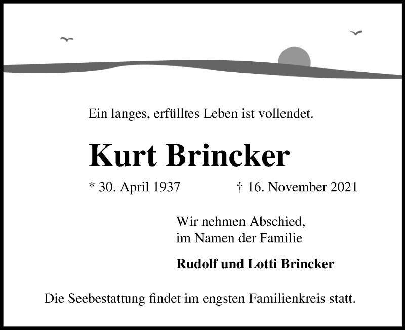  Traueranzeige für Kurt Brincker vom 27.11.2021 aus Ostsee-Zeitung GmbH