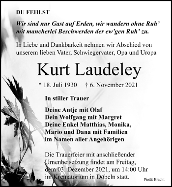 Traueranzeige von Kurt Laudeley von Leipziger Volkszeitung