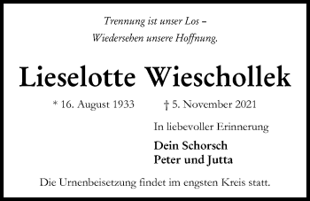 Traueranzeige von Lieselotte Wieschollek von Kieler Nachrichten