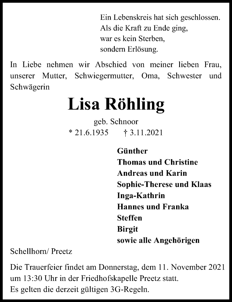  Traueranzeige für Lisa Röhling vom 06.11.2021 aus Kieler Nachrichten