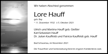 Traueranzeige von Lore Hauff von Lübecker Nachrichten