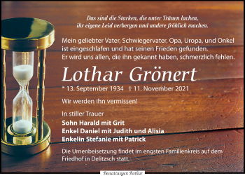 Traueranzeige von Lothar Grönert von Leipziger Volkszeitung