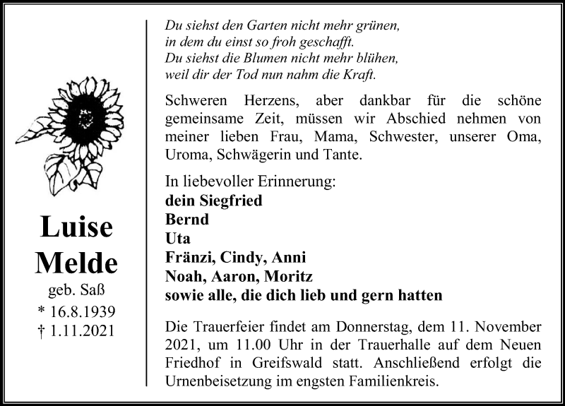  Traueranzeige für Luise Melde vom 06.11.2021 aus Ostsee-Zeitung GmbH