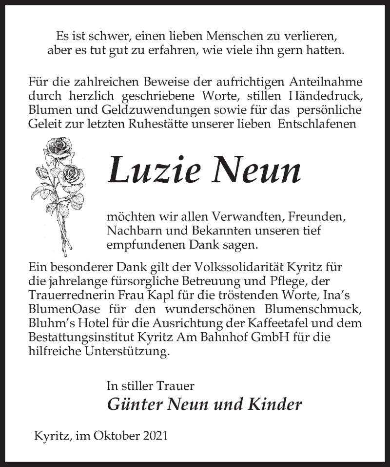  Traueranzeige für Luzie Neun vom 13.11.2021 aus Märkischen Allgemeine Zeitung